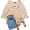 imageZESICA Womens Scoop Neck 34 Length Sleeve Tops 2025 Casual Tie Front Ruffle Tiered Loose Tunic Shirts Blouses Fall OutfitsApricot
