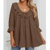 imageZESICA Womens Scoop Neck 34 Length Sleeve Tops 2025 Casual Tie Front Ruffle Tiered Loose Tunic Shirts Blouses Fall OutfitsBrown