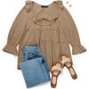 imageZESICA Womens Scoop Neck 34 Length Sleeve Tops 2025 Casual Tie Front Ruffle Tiered Loose Tunic Shirts Blouses Fall OutfitsKhaki