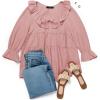 imageZESICA Womens Scoop Neck 34 Length Sleeve Tops 2025 Casual Tie Front Ruffle Tiered Loose Tunic Shirts Blouses Fall OutfitsPink
