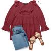 imageZESICA Womens Scoop Neck 34 Length Sleeve Tops 2025 Casual Tie Front Ruffle Tiered Loose Tunic Shirts Blouses Fall OutfitsWine Red