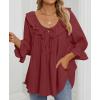 imageZESICA Womens Scoop Neck 34 Length Sleeve Tops 2025 Casual Tie Front Ruffle Tiered Loose Tunic Shirts Blouses Fall OutfitsWine Red