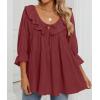 imageZESICA Womens Scoop Neck 34 Length Sleeve Tops 2025 Casual Tie Front Ruffle Tiered Loose Tunic Shirts Blouses Fall OutfitsWine Red