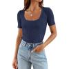 imageZESICA Womens 2025 Short Sleeve Square Neck T Shirts Slim Fitted Summer Ribbed Knit Basic Casual Tee TopsNavy