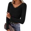 imageZESICA Womens Long Sleeve Lace V Neck Shirts 2025 Fall Fashion Slim Fit Tops Ribbed Knit Dressy Business Casual BlousesBlack