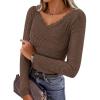 imageZESICA Womens Long Sleeve Lace V Neck Shirts 2025 Fall Fashion Slim Fit Tops Ribbed Knit Dressy Business Casual BlousesBrown