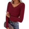 imageZESICA Womens Long Sleeve Lace V Neck Shirts 2025 Fall Fashion Slim Fit Tops Ribbed Knit Dressy Business Casual BlousesWine Red