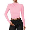 imageZESICA Womens Long Sleeve Tops Mock Neck Ruched Tight Shirts 2025 Fall Trendy OutfitsPink