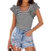imageZESICA Womens Ruffle Short Sleeve Striped T Shirts Summer Scoop Neck Slim Fitted Causal Basic Tee TopsBlack
