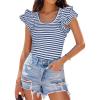 imageZESICA Womens Ruffle Short Sleeve Striped T Shirts Summer Scoop Neck Slim Fitted Causal Basic Tee TopsBlue
