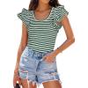 imageZESICA Womens Ruffle Short Sleeve Striped T Shirts Summer Scoop Neck Slim Fitted Causal Basic Tee TopsGreen