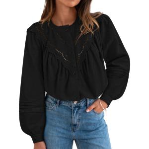 imageZESICA Long Puff Sleeve Babydoll Tops for Women Lace Crochet Button Down Boho Victorian Shirts Dressy Casual BlousesBlack