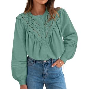 imageZESICA Long Puff Sleeve Babydoll Tops for Women Lace Crochet Button Down Boho Victorian Shirts Dressy Casual BlousesGreen