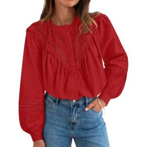 imageZESICA Long Puff Sleeve Babydoll Tops for Women Lace Crochet Button Down Boho Victorian Shirts Dressy Casual BlousesRed