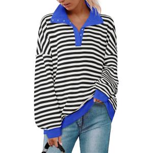imageZESICA Sweatshirts for Womens Long Sleeve Lapel V Neck Striped Oversized TopsBlack