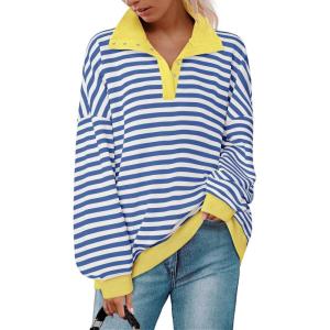 imageZESICA Sweatshirts for Womens Long Sleeve Lapel V Neck Striped Oversized TopsBlue