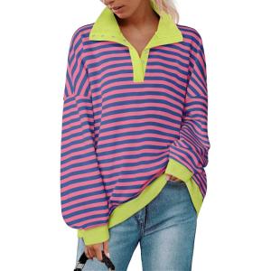 imageZESICA Sweatshirts for Womens Long Sleeve Lapel V Neck Striped Oversized TopsBlue Pink