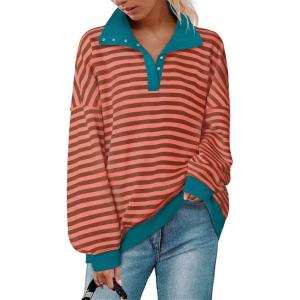 imageZESICA Sweatshirts for Womens Long Sleeve Lapel V Neck Striped Oversized TopsCoral