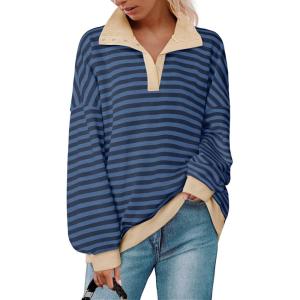 imageZESICA Sweatshirts for Womens Long Sleeve Lapel V Neck Striped Oversized TopsDark Blue