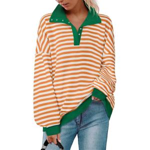 imageZESICA Sweatshirts for Womens Long Sleeve Lapel V Neck Striped Oversized TopsOrange