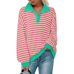 imageZESICA Sweatshirts for Womens Long Sleeve Lapel V Neck Striped Oversized TopsPink