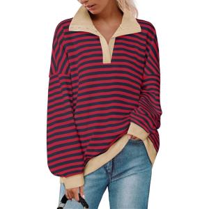 imageZESICA Sweatshirts for Womens Long Sleeve Lapel V Neck Striped Oversized TopsRed