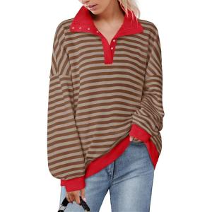 imageZESICA Sweatshirts for Womens Long Sleeve Lapel V Neck Striped Oversized TopsRed Brown