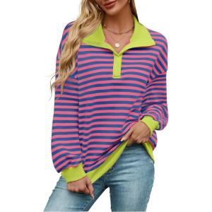 imageZESICA Sweatshirts for Womens Long Sleeve Lapel V Neck Striped Oversized TopsRose