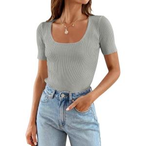 imageZESICA Womens 2025 Short Sleeve Square Neck T Shirts Slim Fitted Summer Ribbed Knit Basic Casual Tee TopsGrey