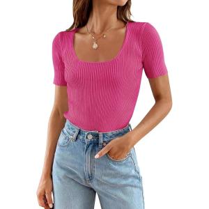 imageZESICA Womens 2025 Short Sleeve Square Neck T Shirts Slim Fitted Summer Ribbed Knit Basic Casual Tee TopsRose