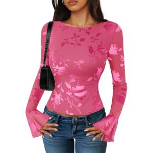 imageZESICA Womens Bell Long Sleeve Tops 2025 Fall Boat Neck Mesh Floral Fitted Shirts Trendy Y2K Going Out OutfitsRose