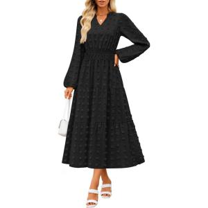 imageZESICA Womens Boho Maxi Dresses 2025 Fall V Neck Long Sleeve Swiss Dot Tiered Flowy Swing DressBlack