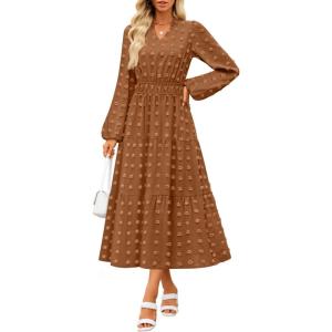 imageZESICA Womens Boho Maxi Dresses 2025 Fall V Neck Long Sleeve Swiss Dot Tiered Flowy Swing DressCaramel