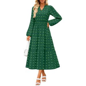 imageZESICA Womens Boho Maxi Dresses 2025 Fall V Neck Long Sleeve Swiss Dot Tiered Flowy Swing DressDarkgreen