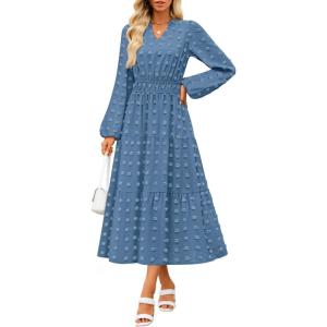 imageZESICA Womens Boho Maxi Dresses 2025 Fall V Neck Long Sleeve Swiss Dot Tiered Flowy Swing DressDustyblue