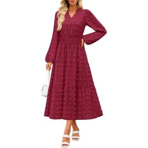 imageZESICA Womens Boho Maxi Dresses 2025 Fall V Neck Long Sleeve Swiss Dot Tiered Flowy Swing DressWine Red