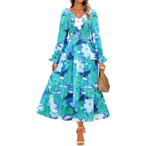 imageZESICA Womens Fall Long Sleeve Floral Boho Dress 2025 Casual V Neck ALine Flowy Wedding Guest Maxi DressesLake Blue