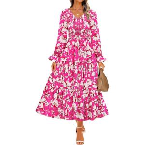 imageZESICA Womens Fall Long Sleeve Floral Boho Dress 2025 Casual V Neck ALine Flowy Wedding Guest Maxi DressesRose