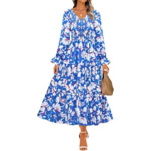 imageZESICA Womens Fall Long Sleeve Floral Boho Dress 2025 Casual V Neck ALine Flowy Wedding Guest Maxi DressesRoyal Blue