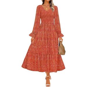 imageZESICA Womens Fall Long Sleeve Floral Boho Dress 2025 Casual V Neck ALine Flowy Wedding Guest Maxi DressesRust