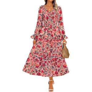imageZESICA Womens Fall Long Sleeve Floral Boho Dress 2025 Casual V Neck ALine Flowy Wedding Guest Maxi DressesVintage Pink