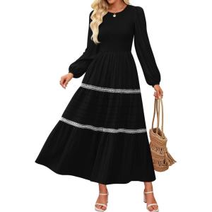 imageZESICA Womens Fall Long Sleeve Maxi Dresses 2025 Casual Crewneck Smocked A Line Tiered Flowy Wedding Guest Long DressBlack