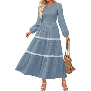 imageZESICA Womens Fall Long Sleeve Maxi Dresses 2025 Casual Crewneck Smocked A Line Tiered Flowy Wedding Guest Long DressDusty Blue
