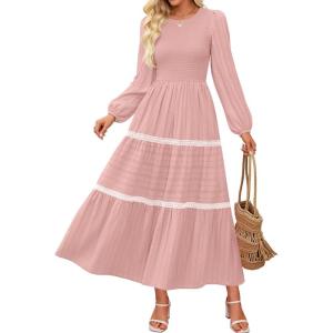 imageZESICA Womens Fall Long Sleeve Maxi Dresses 2025 Casual Crewneck Smocked A Line Tiered Flowy Wedding Guest Long DressPink