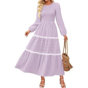 imageZESICA Womens Fall Long Sleeve Maxi Dresses 2025 Casual Crewneck Smocked A Line Tiered Flowy Wedding Guest Long DressPurple
