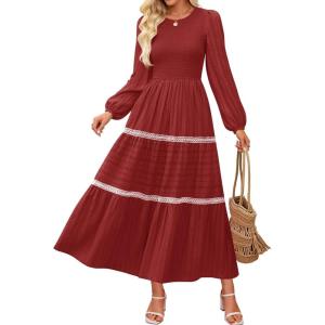 imageZESICA Womens Fall Long Sleeve Maxi Dresses 2025 Casual Crewneck Smocked A Line Tiered Flowy Wedding Guest Long DressRed