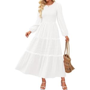 imageZESICA Womens Fall Long Sleeve Maxi Dresses 2025 Casual Crewneck Smocked A Line Tiered Flowy Wedding Guest Long DressWhite