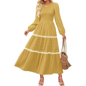 imageZESICA Womens Fall Long Sleeve Maxi Dresses 2025 Casual Crewneck Smocked A Line Tiered Flowy Wedding Guest Long DressYellow