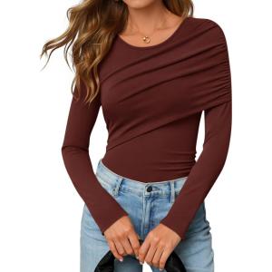 imageZESICA Womens Fall Long Sleeve Tops 2025 Casual Crewneck Ruched Shirts Slim Fit Going Out Y2K BlousesRust