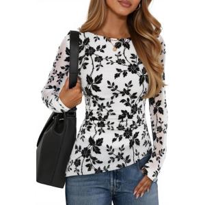 imageZESICA Womens Floral Long Sleeve Shirts 2025 Fall Boat Neck Ruched Tops Slim Fitted Asymmetrical Going Out BlousesWhite